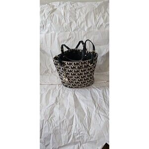 Michael Kors Large MK Signature Logo Jacquard Canvas Tote Bag Beige Black Gold